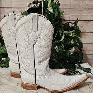 Team West White Ostrich Leather⁰ Western Cowboy Boots 7.5